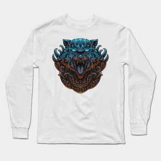 Wolf Head Engraving Ornament Fantasy Artsy Style Long Sleeve T-Shirt